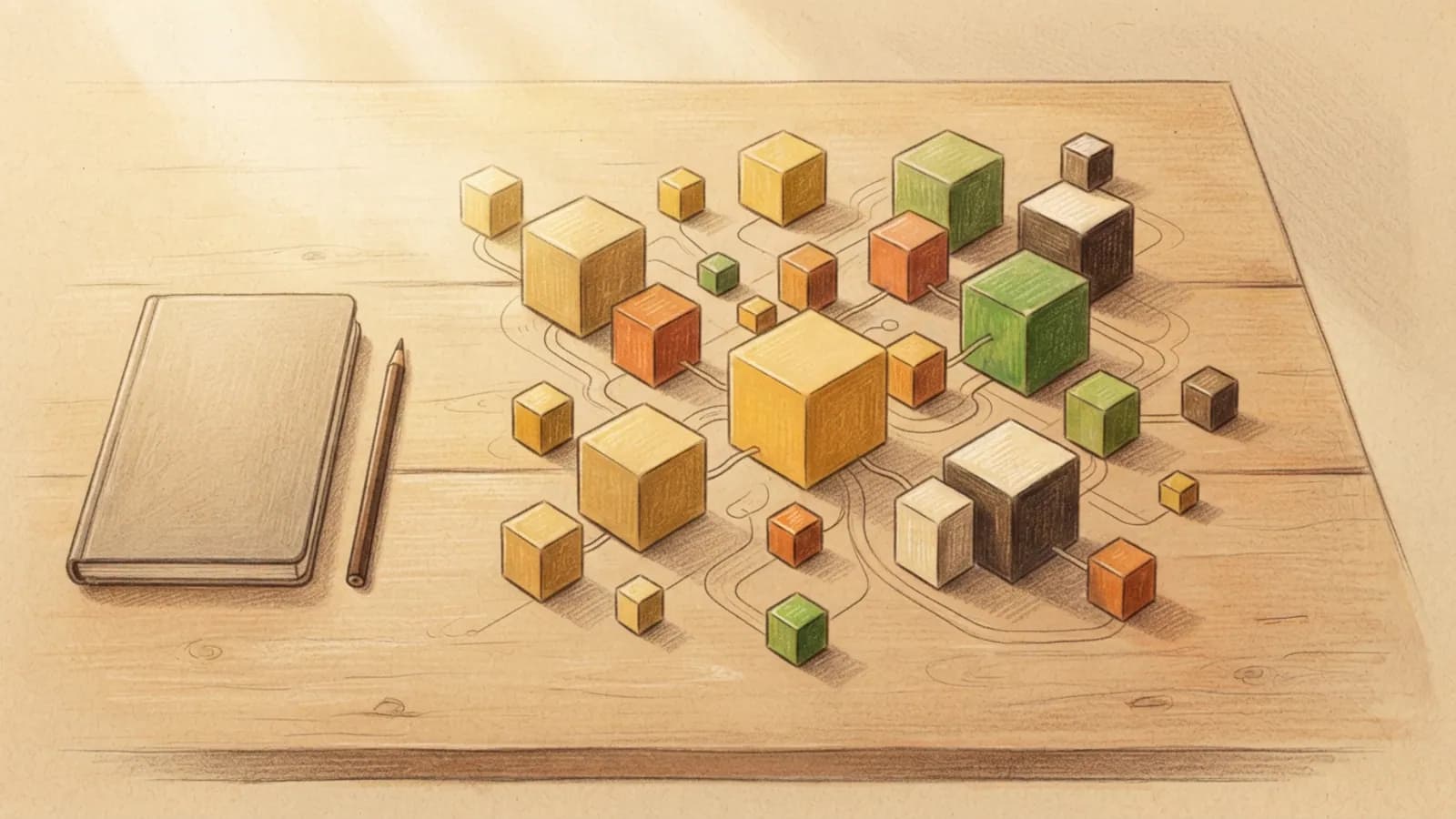 An overhead view of a desk with unlabelled cubes forming a network and a closed notebook.