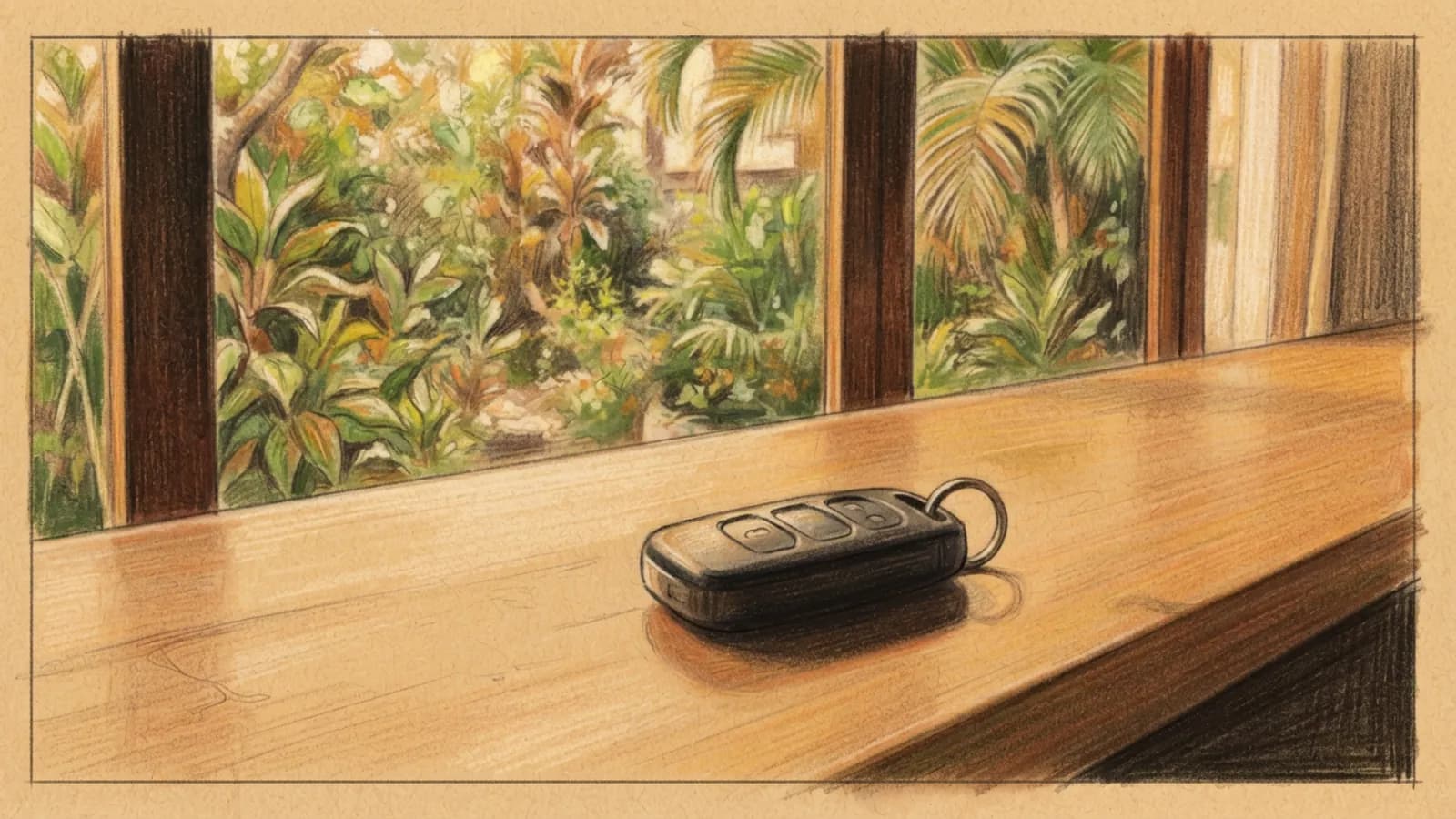 A plain car key fob rests on a polished wooden counter with a tropical garden background.