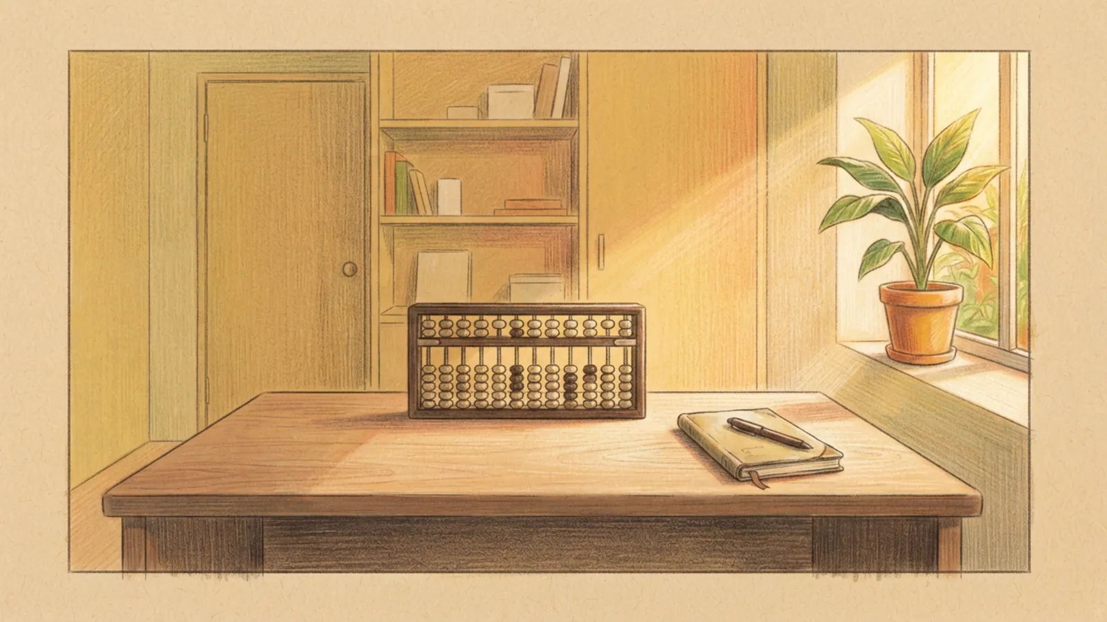 A cutaway view of a study room with an abacus, a closed notebook, and a plant.