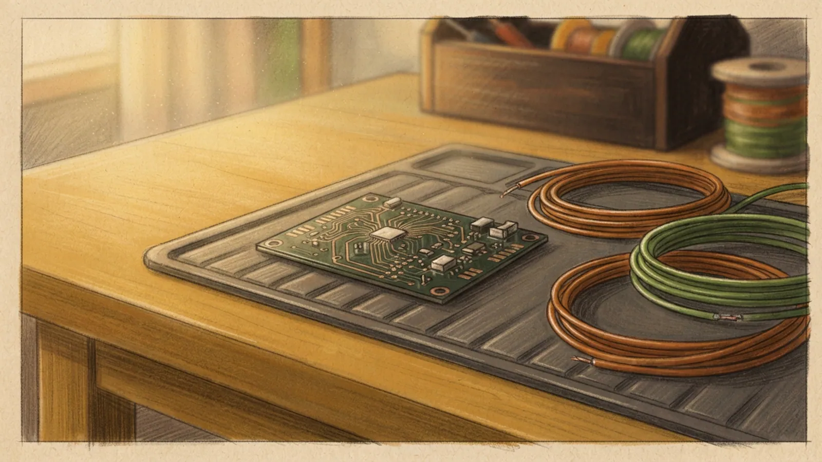 A clean workbench with an unlabelled circuit board and coiled wires.