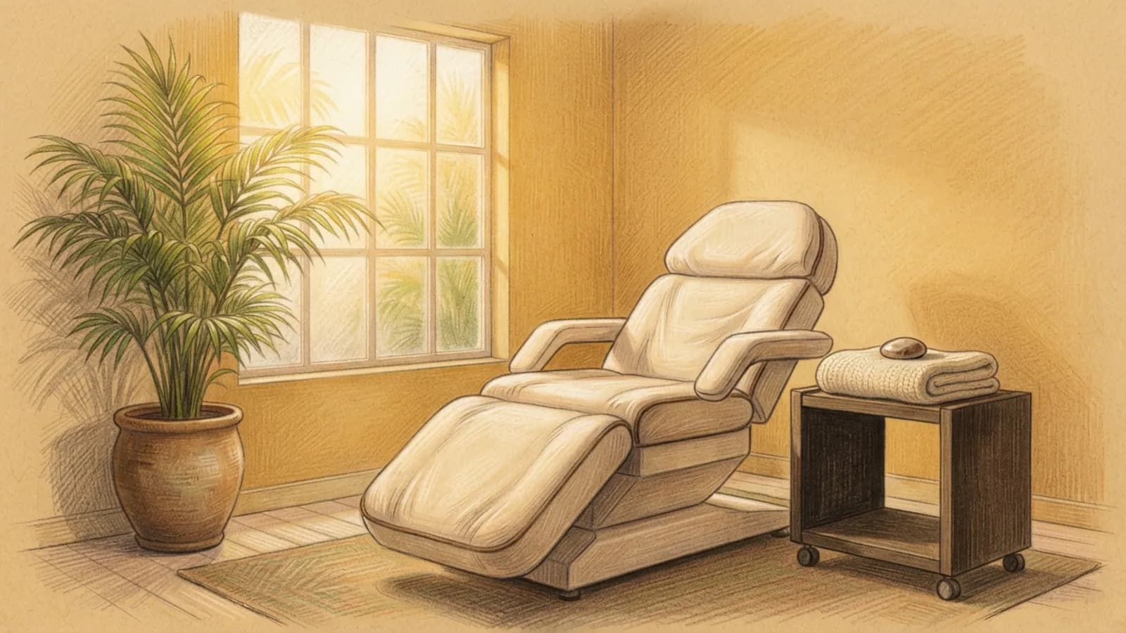 A calm treatment room with a padded reclining treatment chair, a folded blanket and a small cooling applicator resting on a side cart, a potted palm beside a frosted window.