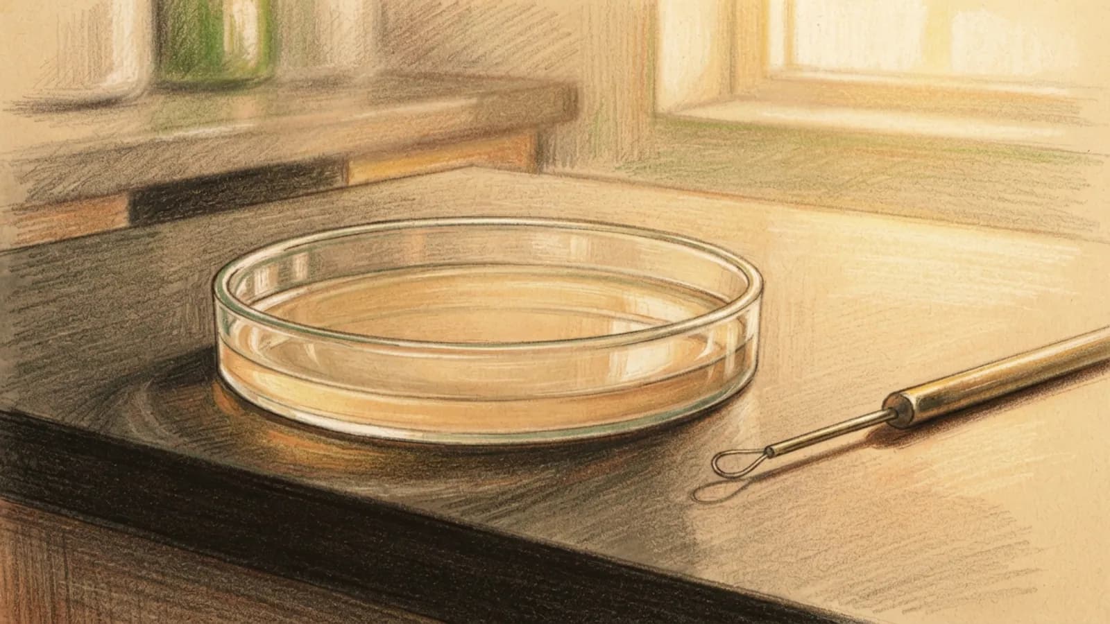 A pristine petri dish with culture medium and a metal loop on a light brown counter.