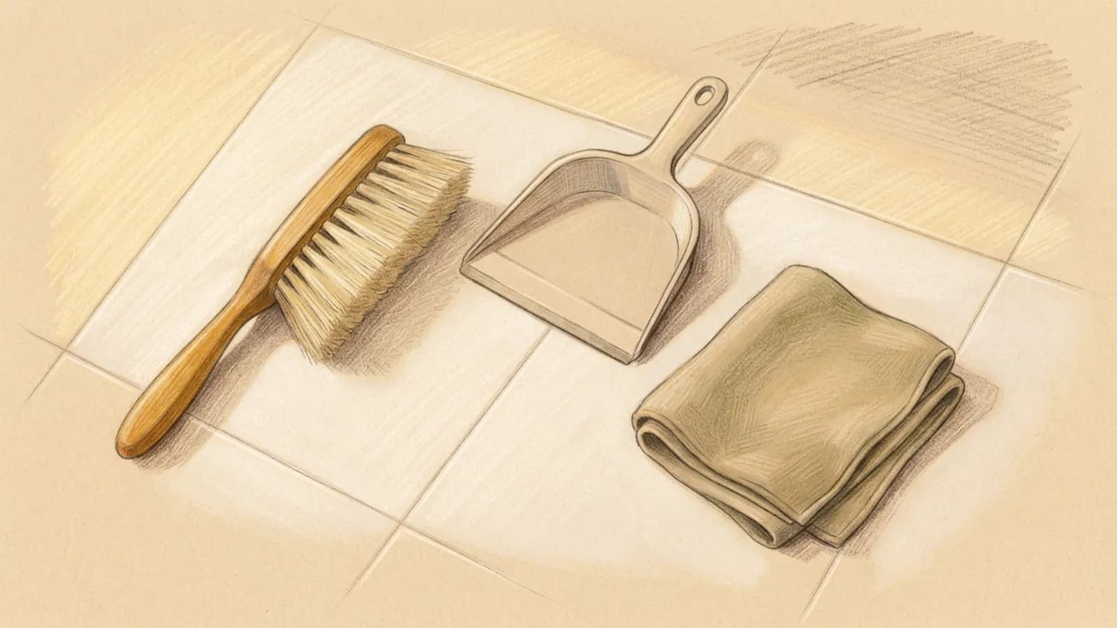 A cleaning brush, dustpan, and folded cloth on a clean tiled floor in soft light.