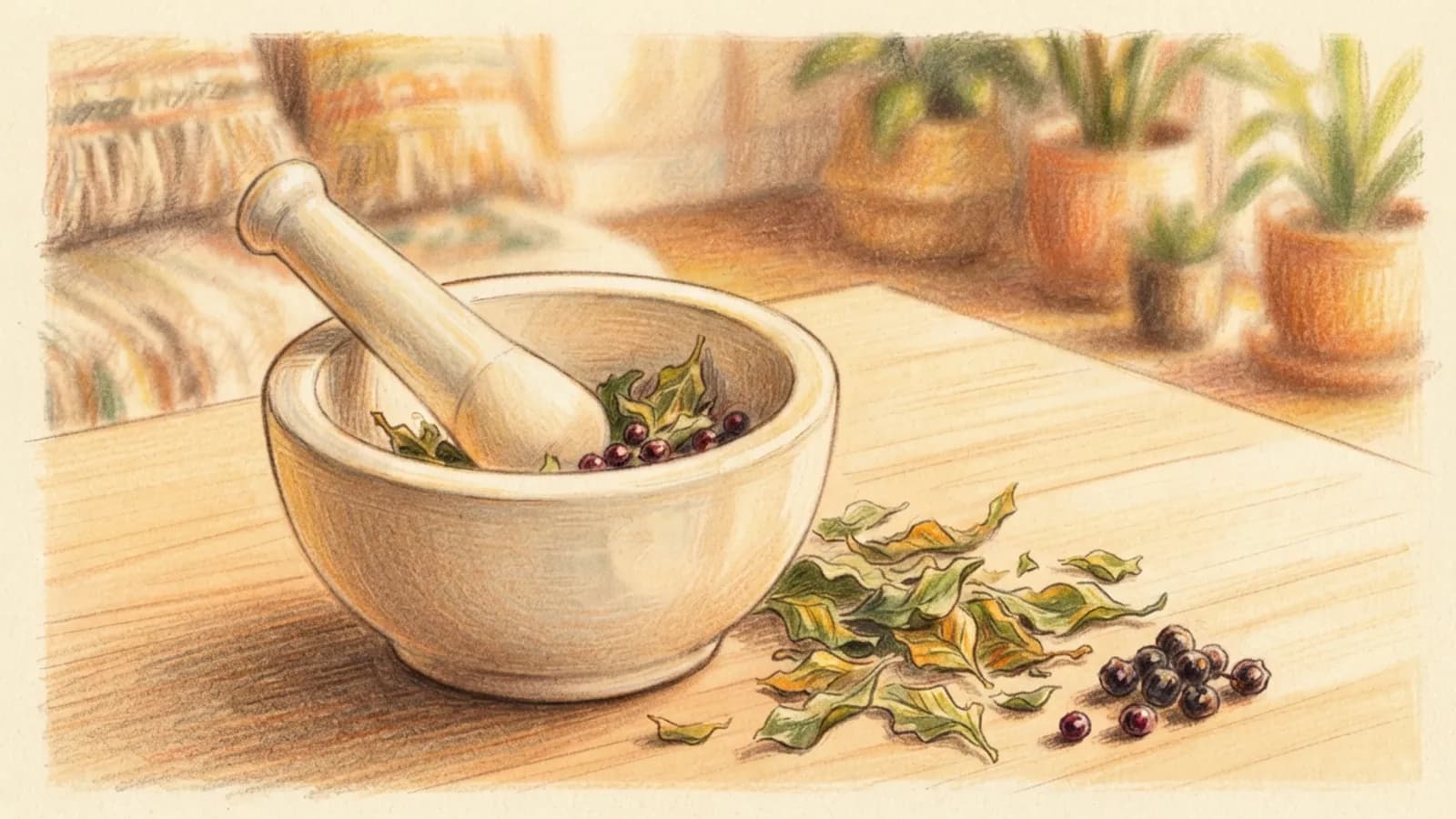 A ceramic mortar and pestle with dried herbal leaves and berries on a wooden surface.