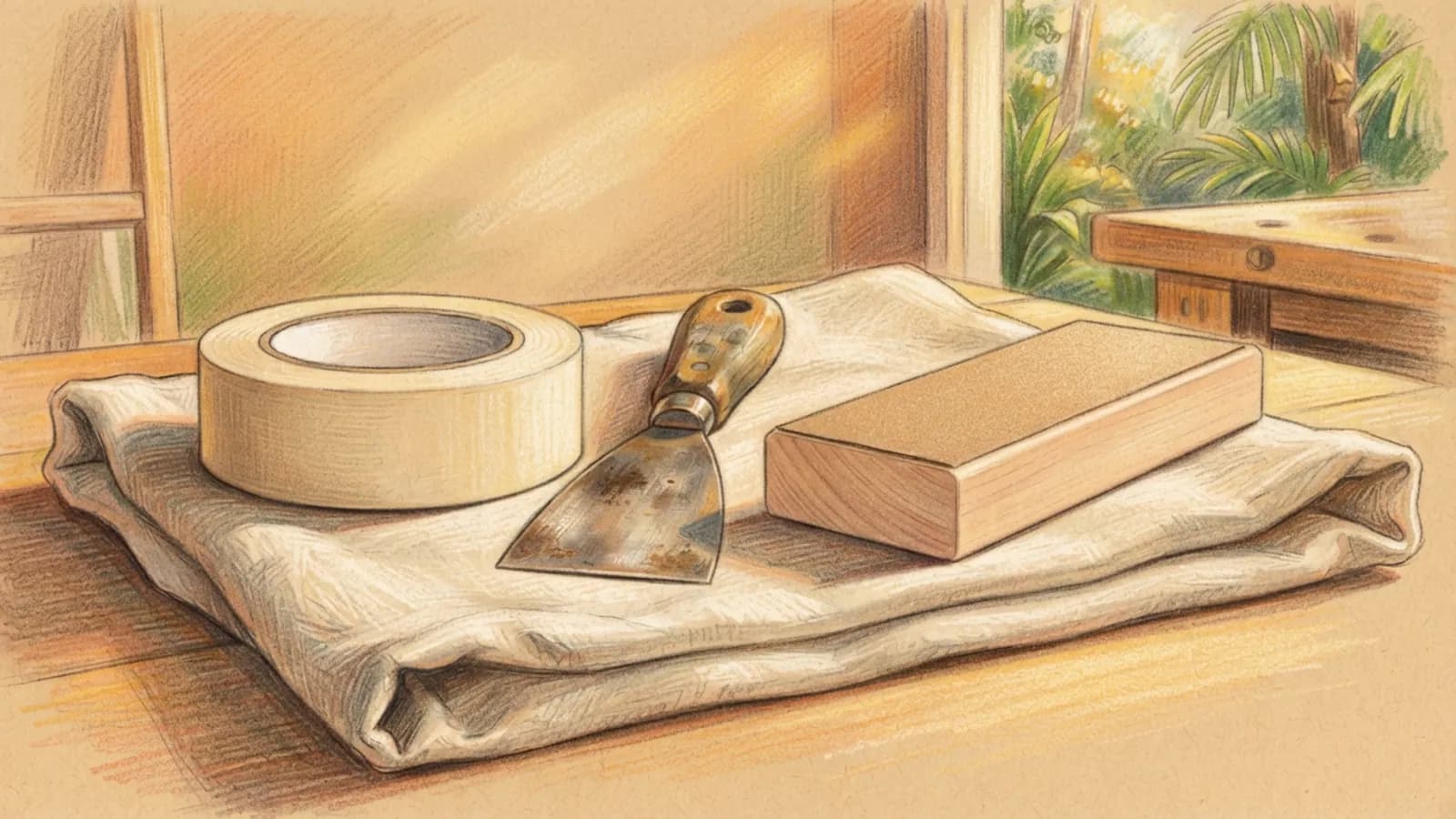 A roll of painter's tape, a rusty putty knife, and a sanding block on a drop cloth.