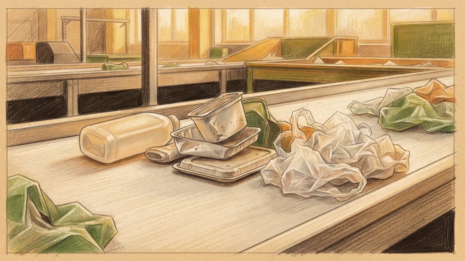 Unlabelled plastic items are on a conveyor belt, bathed in soft light.