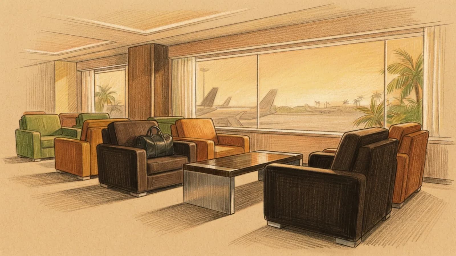 An empty private jet lounge with plush seating and a carry-on bag, under soft light.