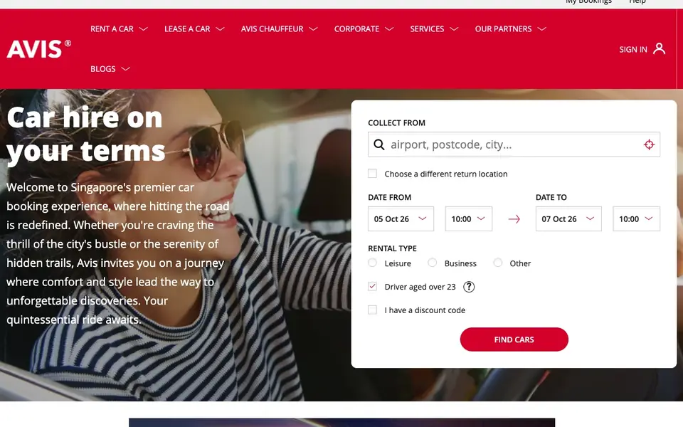 Avis Car Rental Singapore website homepage, 4 Oct 2026