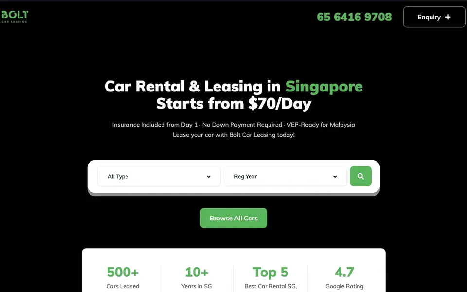 BOLT Car Leasing website homepage, 4 Oct 2026