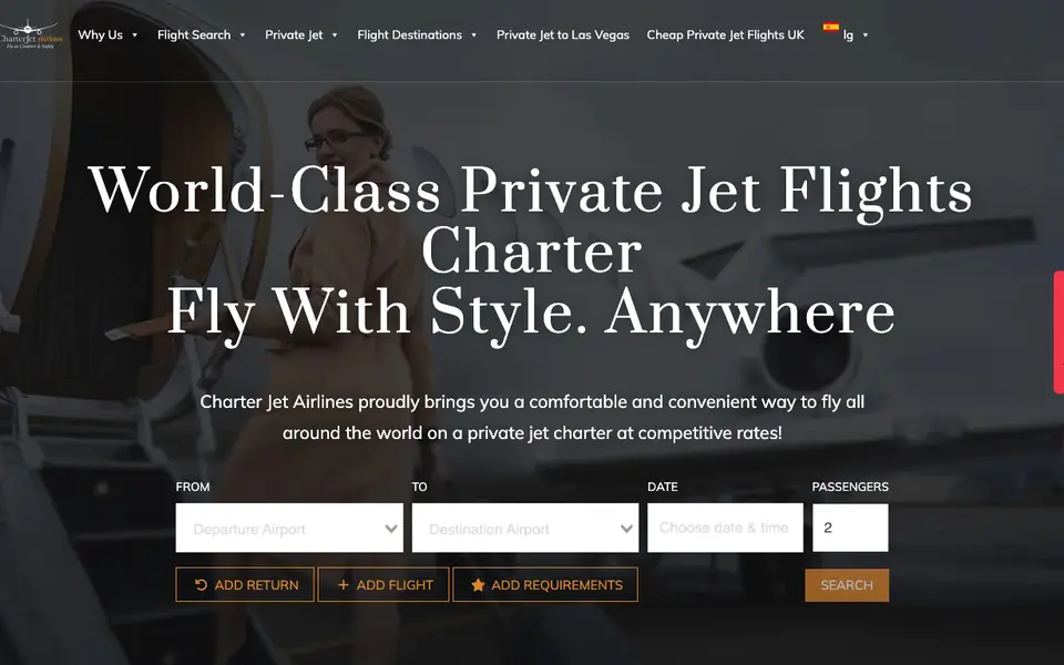 Charter Jet Airlines website homepage, 4 Oct 2026