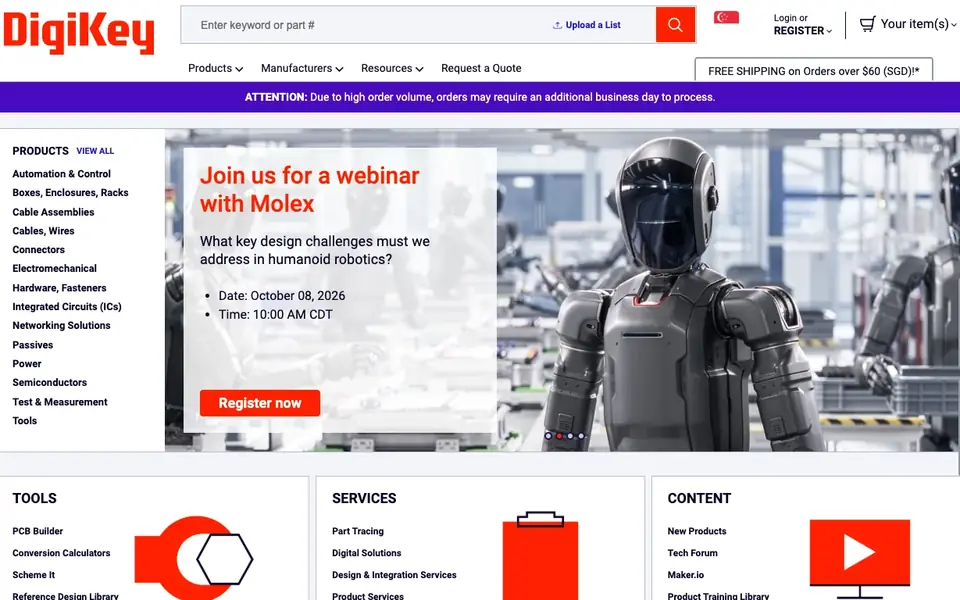 DigiKey Electronics Singapore website homepage, 4 Oct 2026