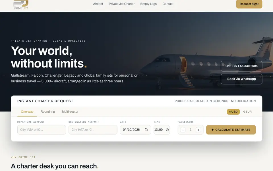 Prime Jet Services website homepage, 4 Oct 2026