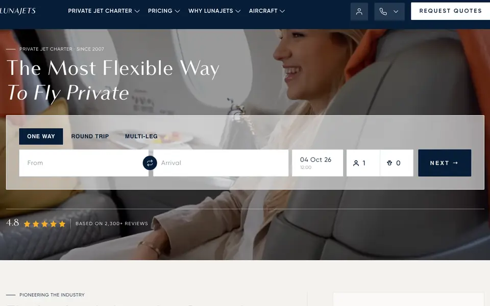 LunaJets website homepage, 4 Oct 2026