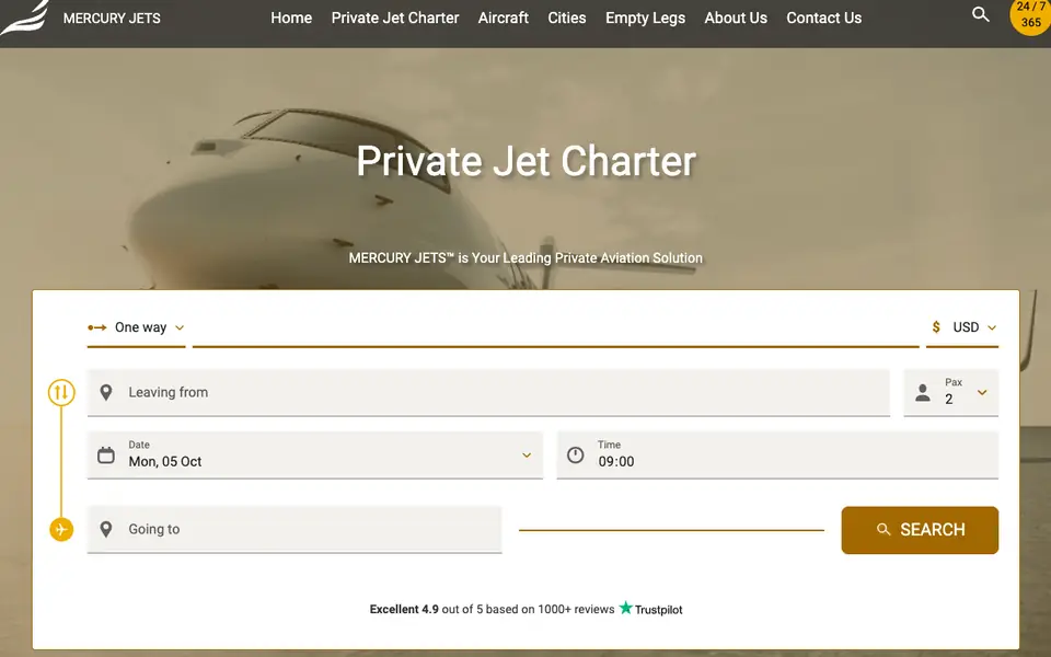 Mercury Jets website homepage, 4 Oct 2026