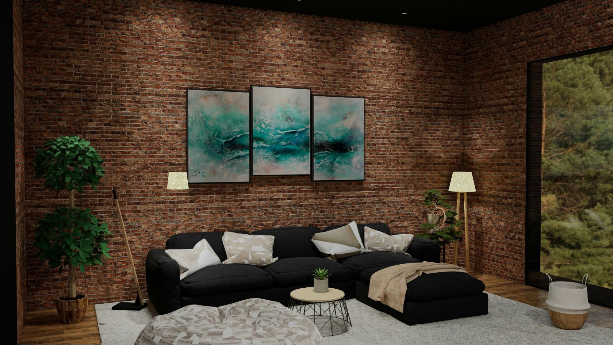 An industrial-chic lounge featuring exposed brick walls, teal abstract art, and a black sectional sofa illustrates the sophisticated style of the Best Commercial Interior Designers In Singapore.